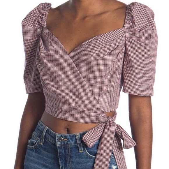 En Saison Tops - En Saison Plaid Overlap Puff Sleeve Crop Blouse S